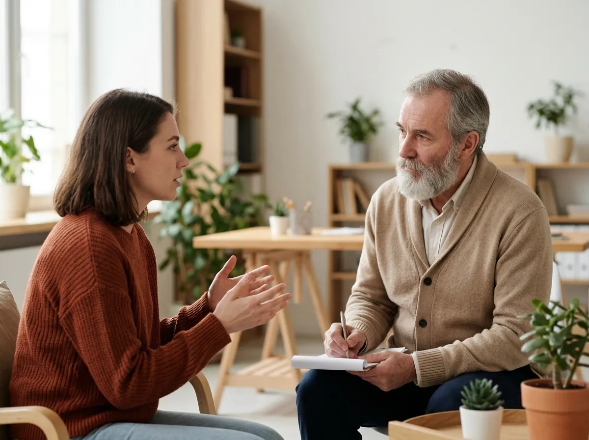 A young woman explaining something to a neuropsychologist who listens and takes notes in a bright consulting room