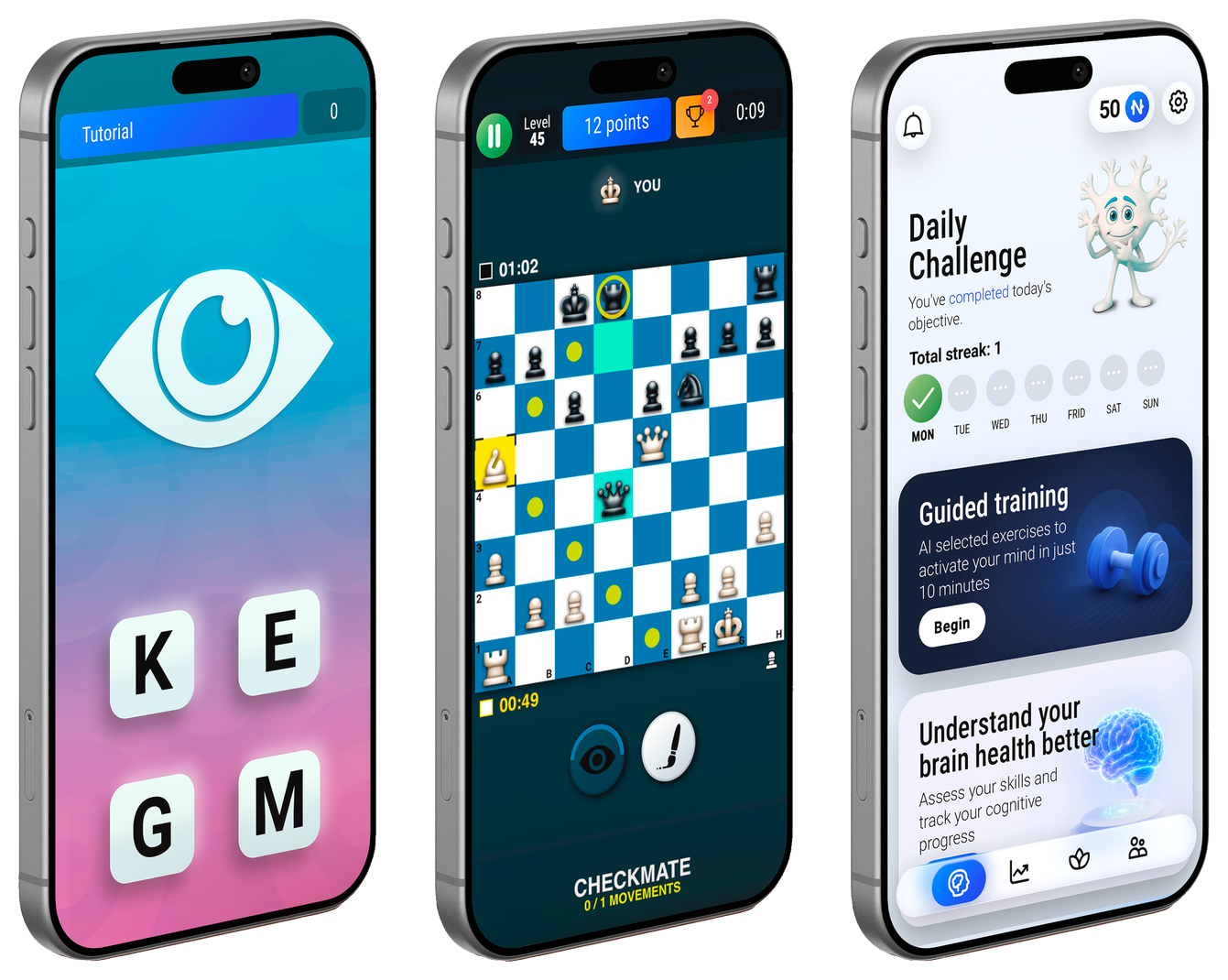 CogniFit app on three phones: visual-perception task, chess training, and the daily cognitive training plan