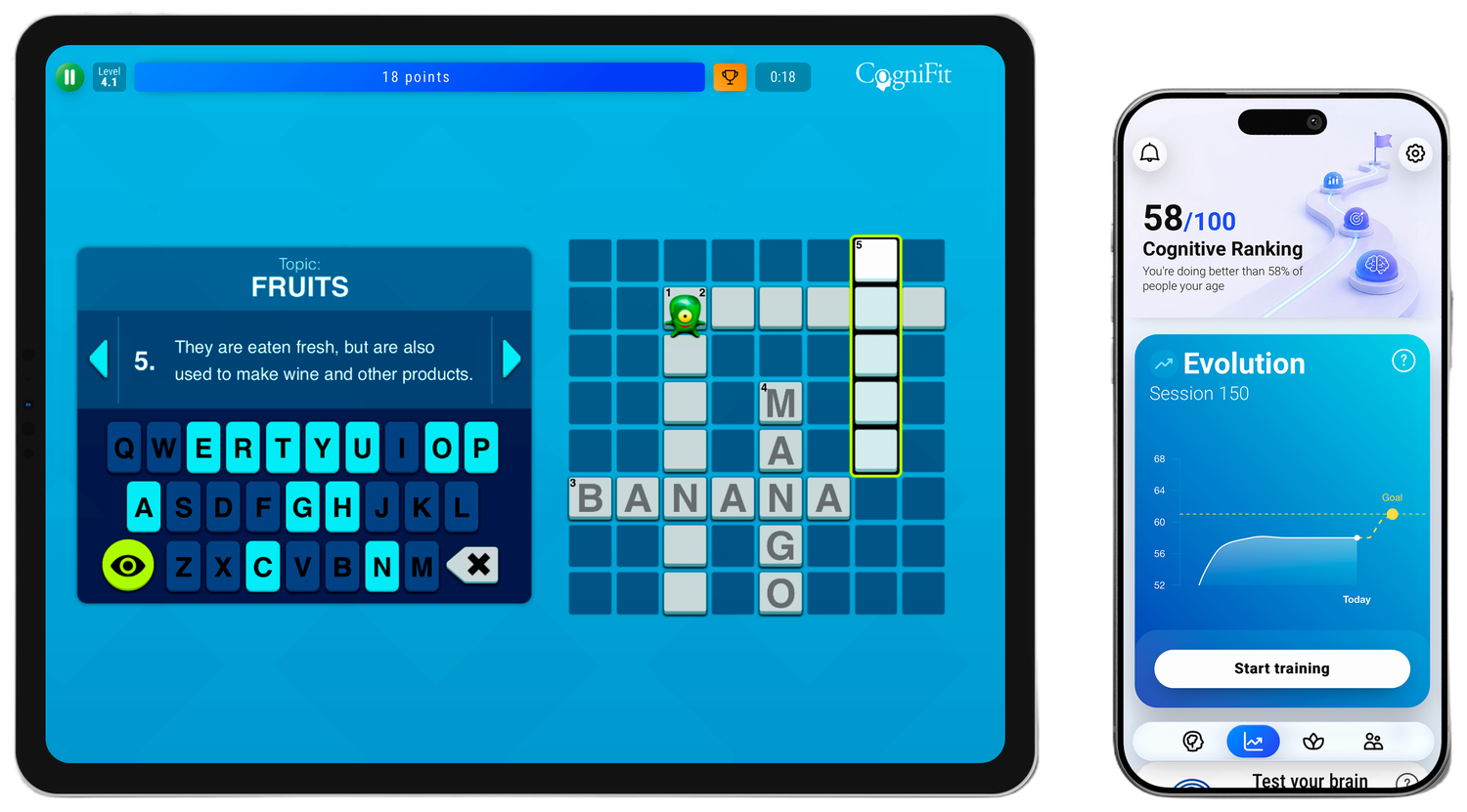 CogniFit on a tablet and phone: a word-game cognitive exercise and a resident's cognitive ranking and progress chart